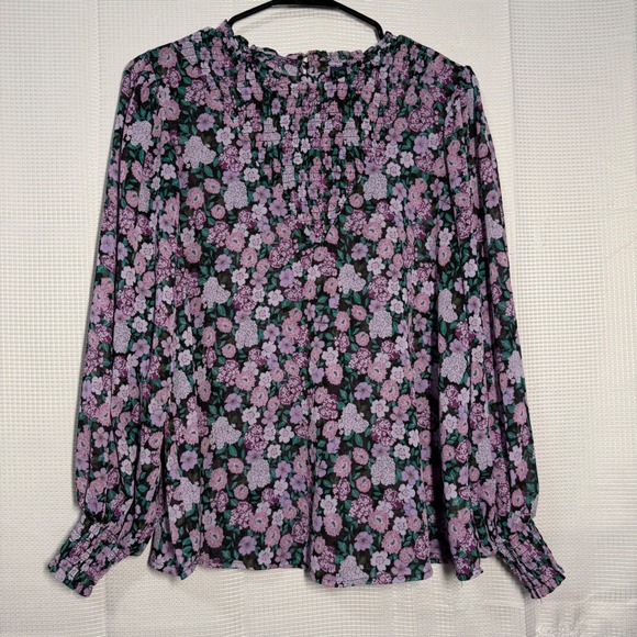 Scoop Tops - Scoop Smocked Floral Blouse S Purple Long Sleeve Keyhole Back